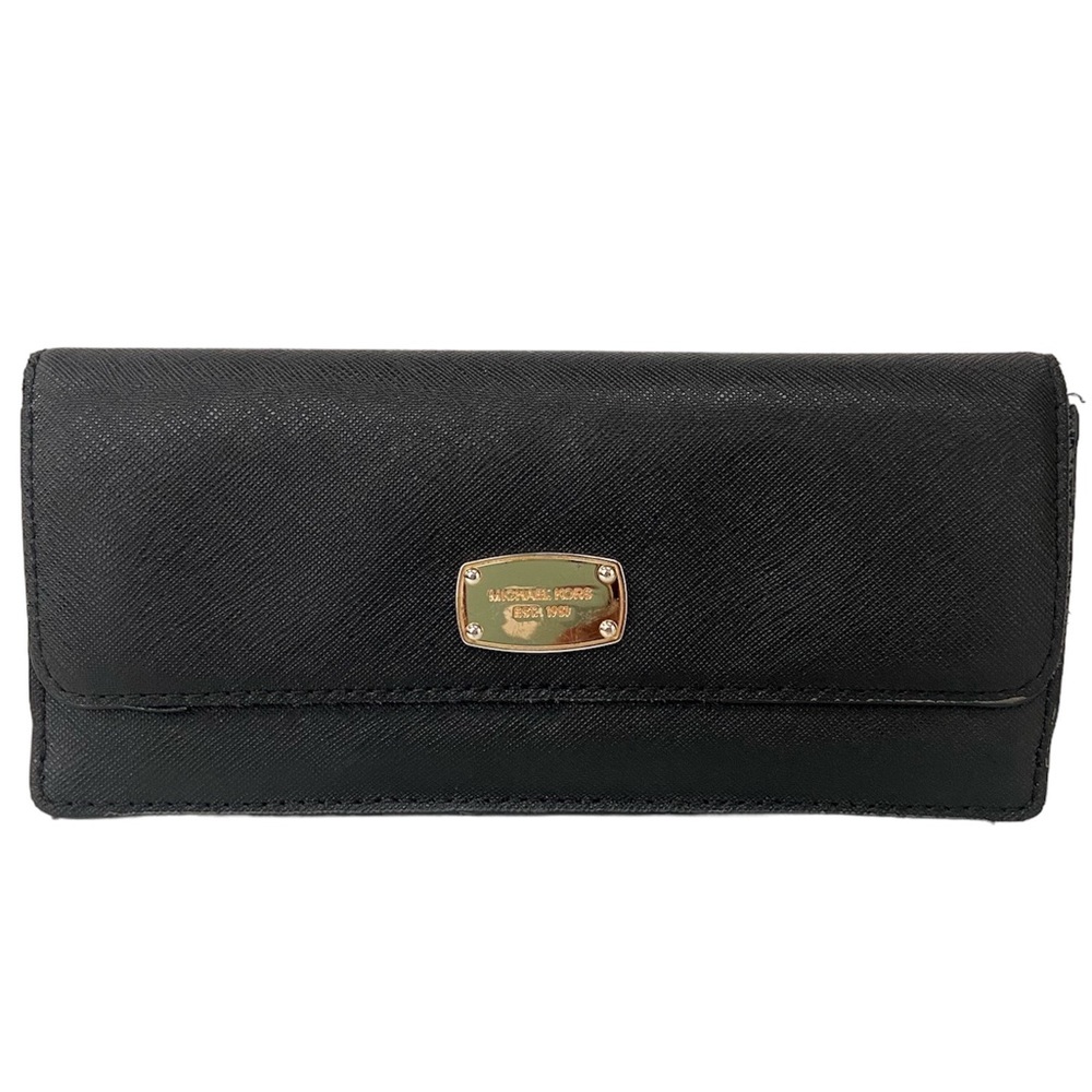 Michael Kors Black Saffiano Leather Envelope Wallet with Gold Tone Hardware